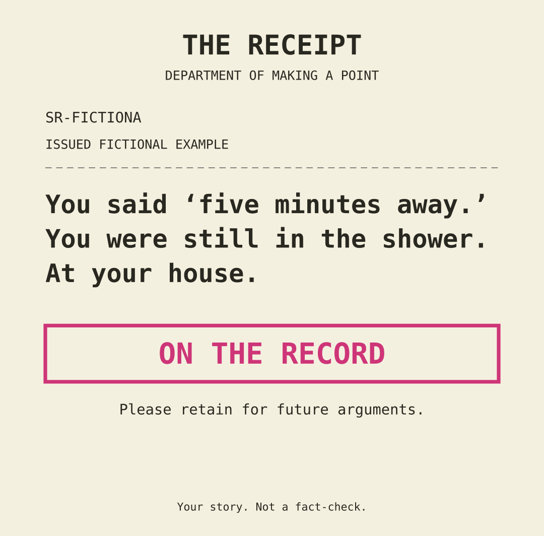 Clean receipt with an On the Record stamp